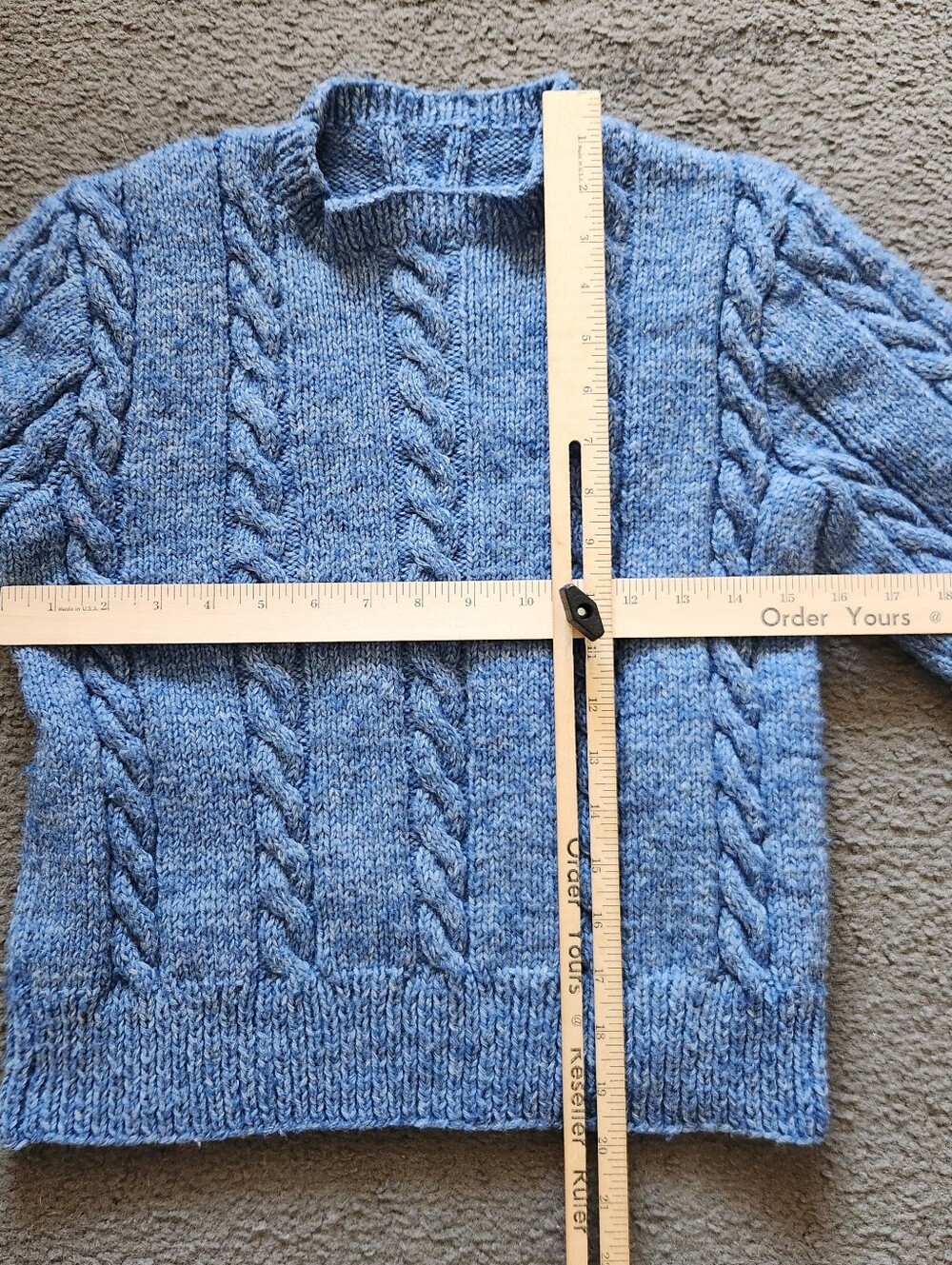 HANDMADE Kids Sweater Size 8 - 10 Blue Wool Cable Knit Crew Neck Unisex - Picture 4 of 5